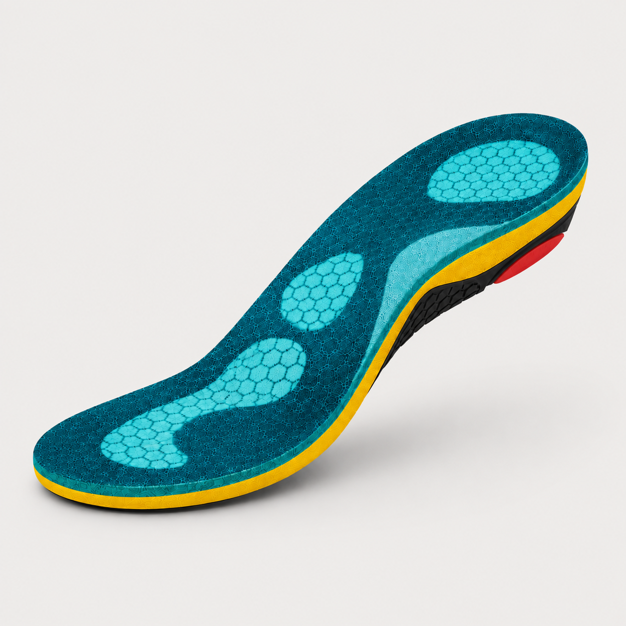 Suthe StepAlign insole in teal, yellow, and black with a deep heel cup and hexagonal gel cushion zones