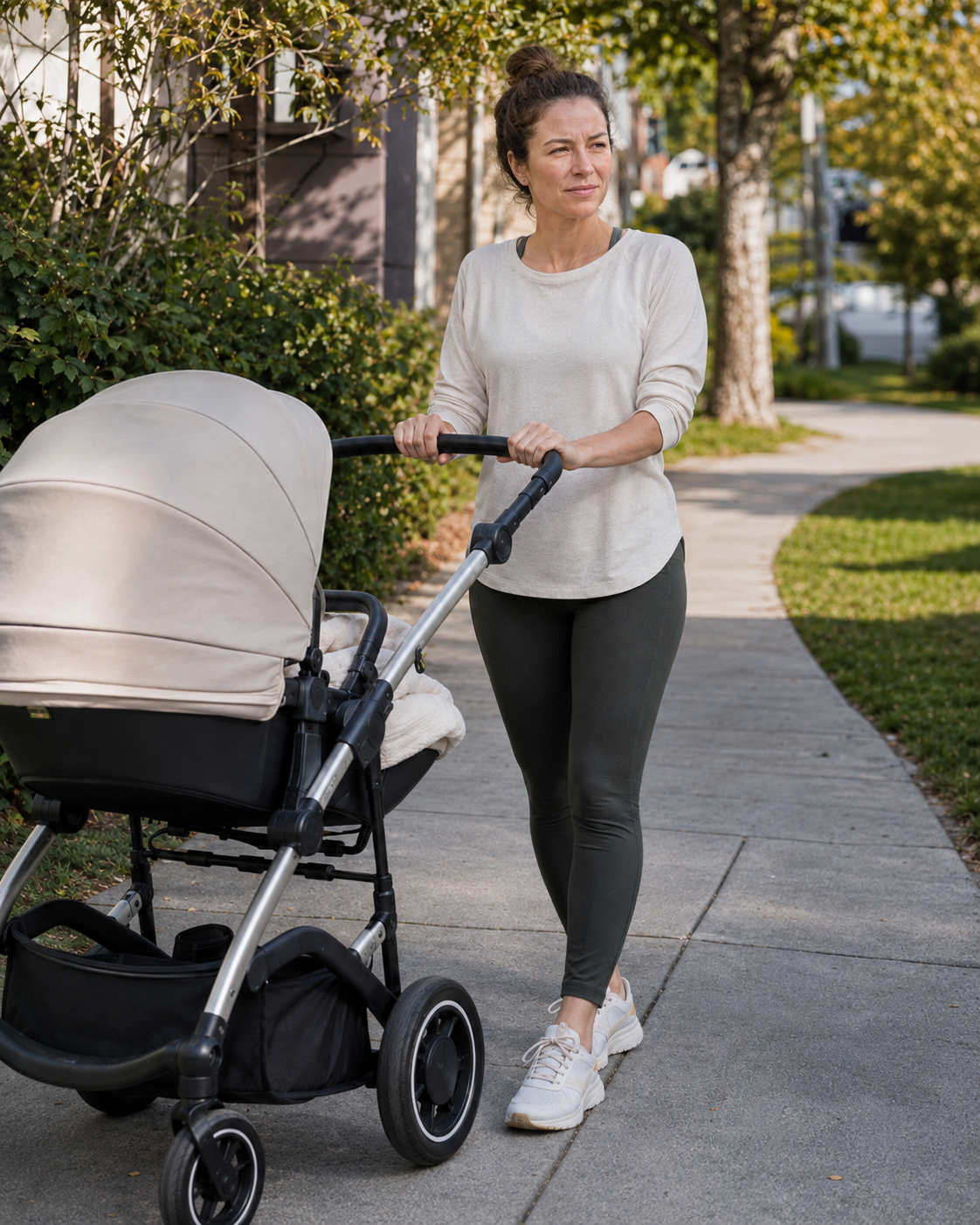 Mom walking outside pushing a stroller, relaxed and present, no longer bracing against foot pain